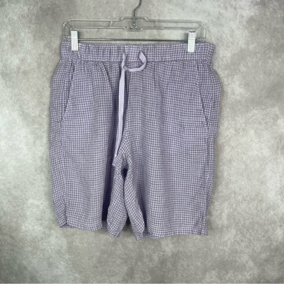 Eileen Fisher Puckered Organic Linen Shorts In Misty Lilac Gingham Women's Sz XS - Picture 2 of 6